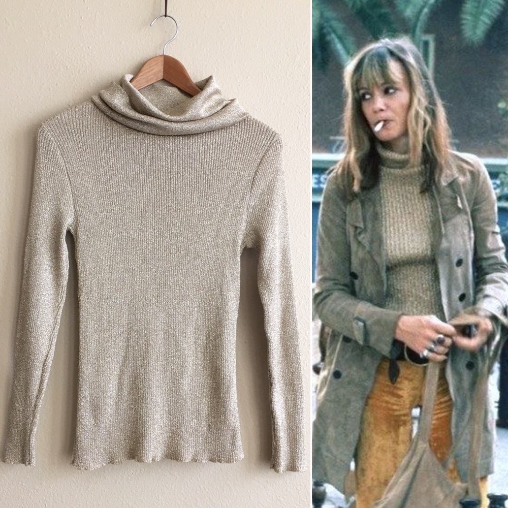 Vintage Cream Metallic Ribbed Cowl Neck Sweater